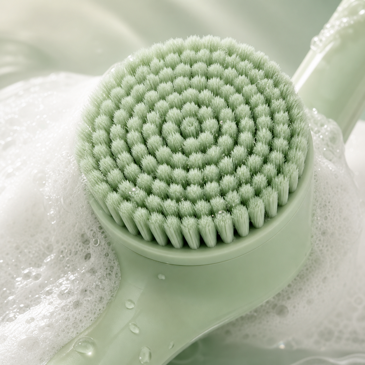 Close-up of the Luma Lather Reach mint bristle head with fresh lather