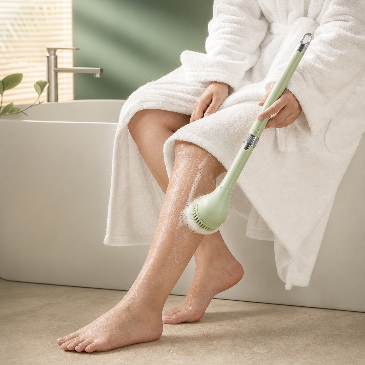 Person using the Luma Lather Reach bath brush on their lower leg