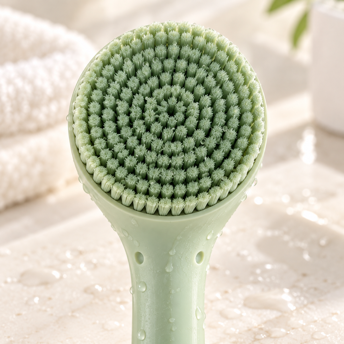 Close view of the pale mint cleansing brush bristles