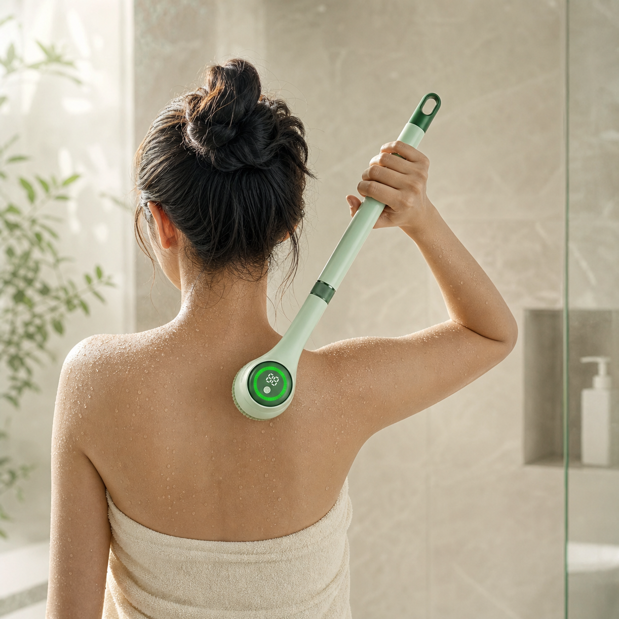 Person using the long-handle Luma Lather Reach bath brush on their upper back