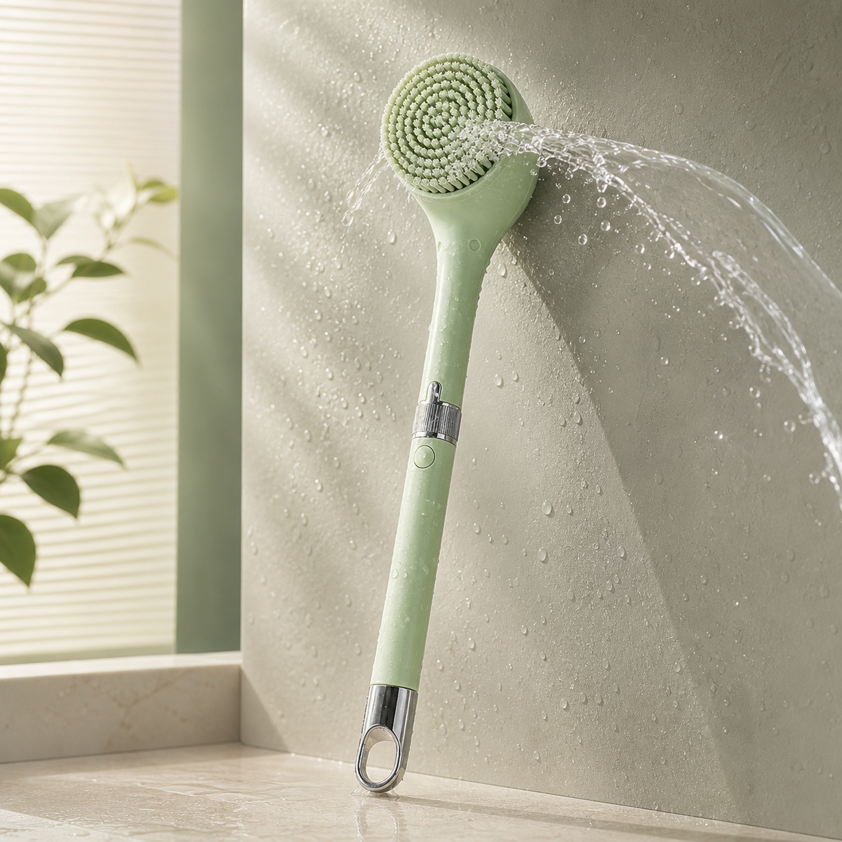 Luma Lather Reach mint bath brush being rinsed with fresh water