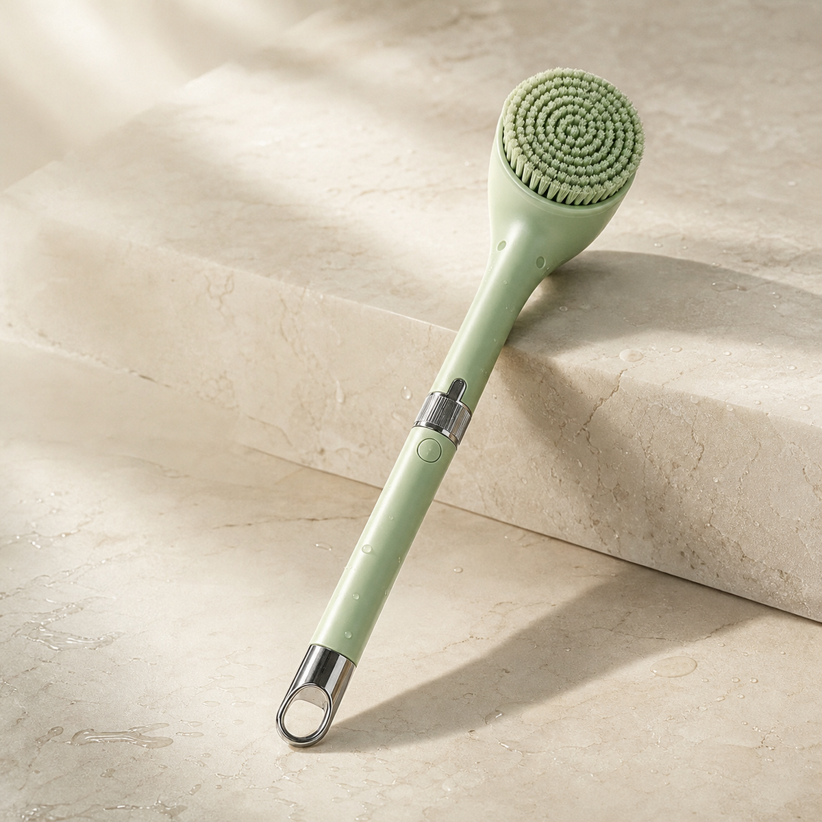 Luma Lather Reach mint electric bath brush on warm ivory stone